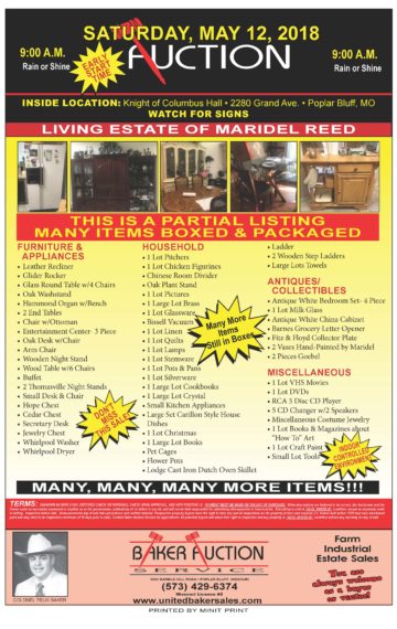 Living Estate of Maridel Reed – Saturday May 12, 2018